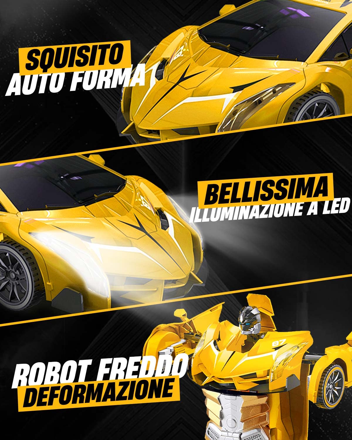 Maxesla Macchina Telecomandata Robot Transformers,Giocattoli per Bambini Auto Radiocomandata Trasformabile Macchinina 360° Rotazione Luci Compleanno Regali per Ragazzi Ragazze Giochi 3-12 Anni, Giallo