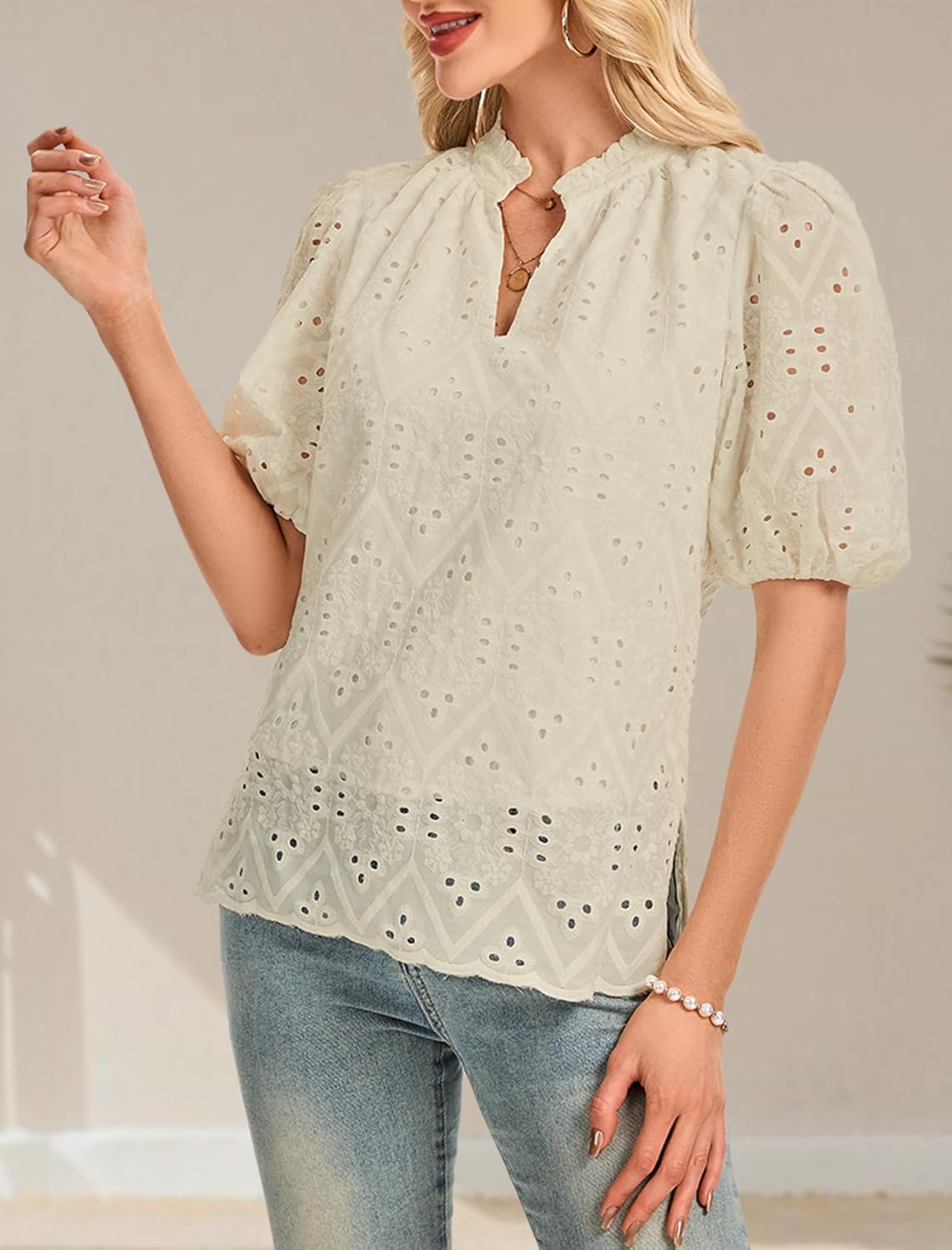 Women's V Neck Blouses Dressy Casual Puff Short Sleeve Shirts Hollow Summer Tops Business Women S-XXL - Image 4
