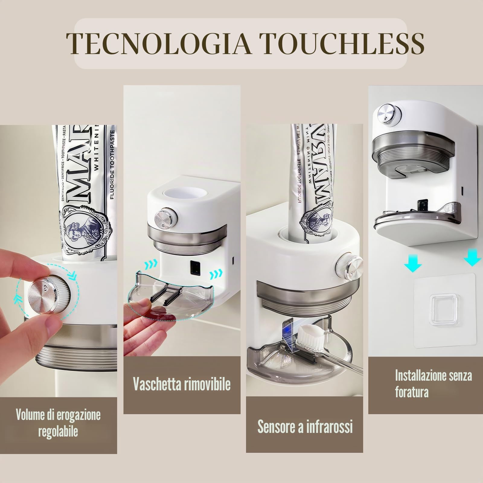 Dispenser automatico di dentifricio elettrico, volume regolabile, montaggio a parete, per bambini e adulti (bianco)