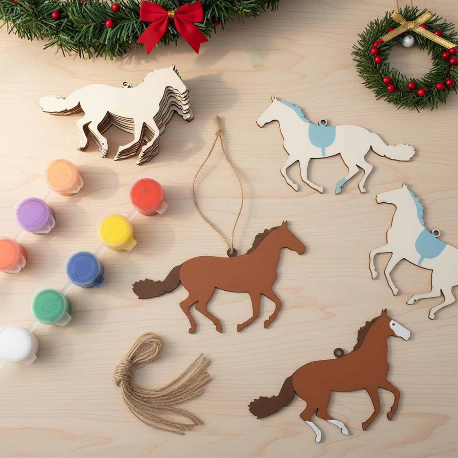 30 PCS Wooden Horse Cutouts, 4 Inch Unfinished Wood Running Horse Crafts Wooden Running Horses Hanging Ornaments Blank Horses Craft Cutout Gift Tags for Home Party Decoration DIY Crafts Project