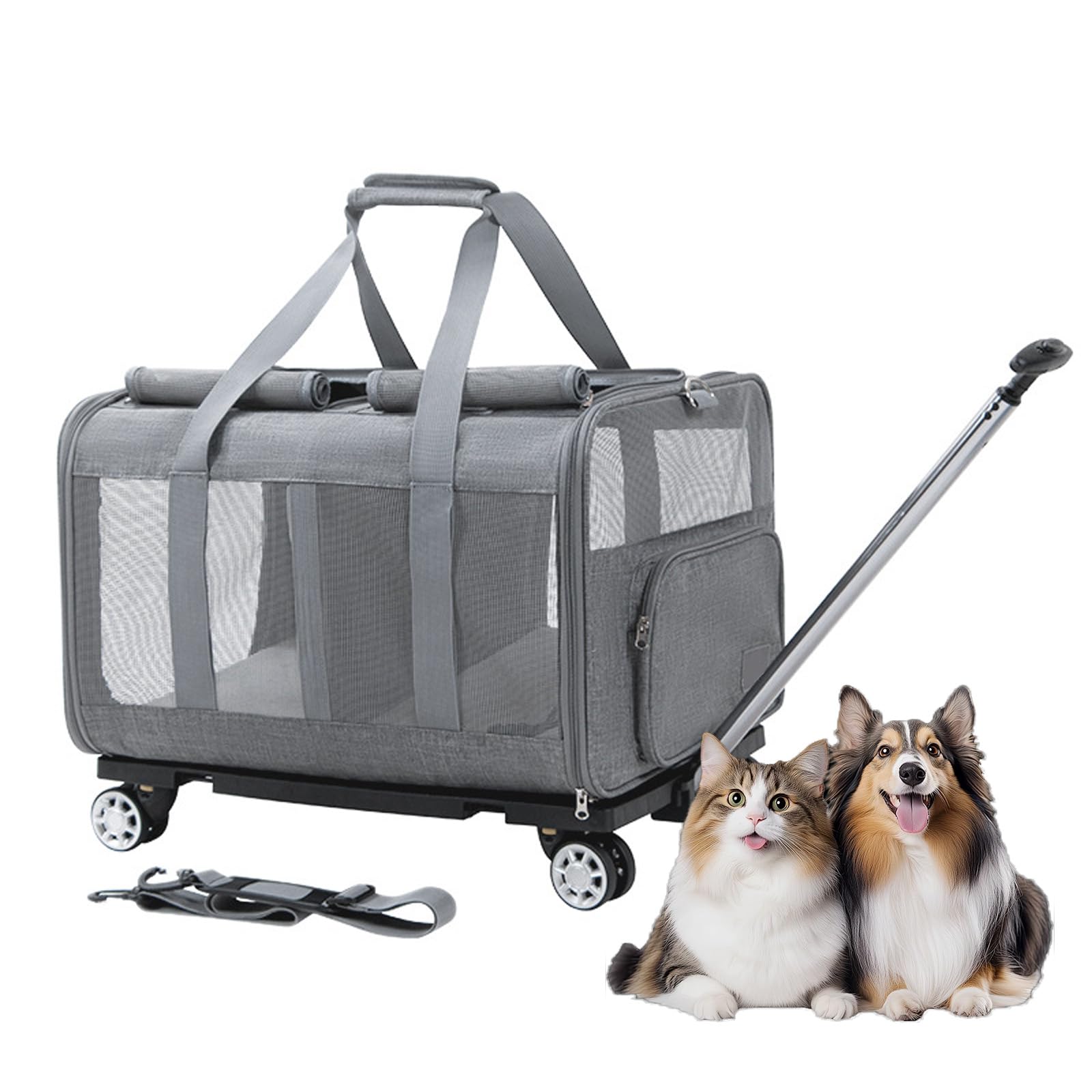 Sac de transport à roulettes pour 2 chats avec maille respirante et trolley