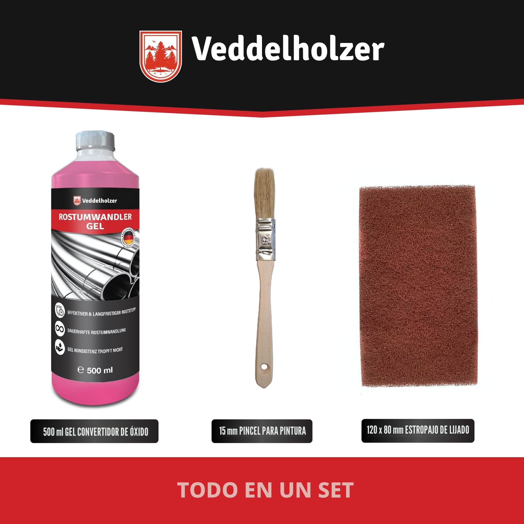 Veddelholzer Premium 500 ml Rostumwandler Gel Set incluye fieltro abrasivo y cepillo. Desengrasante de óxido, anticorrosivo, eliminador de óxido para metal, coche, moto, bicicleta, etc. Alternativa