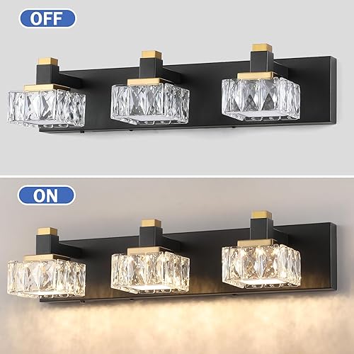 Miniatura 6 de Luces de tocador de baño sobre espejo, 3 luces regulables 5CCT, luces LED de tocador de cristal negro y dorado, iluminación de pared de 22.05