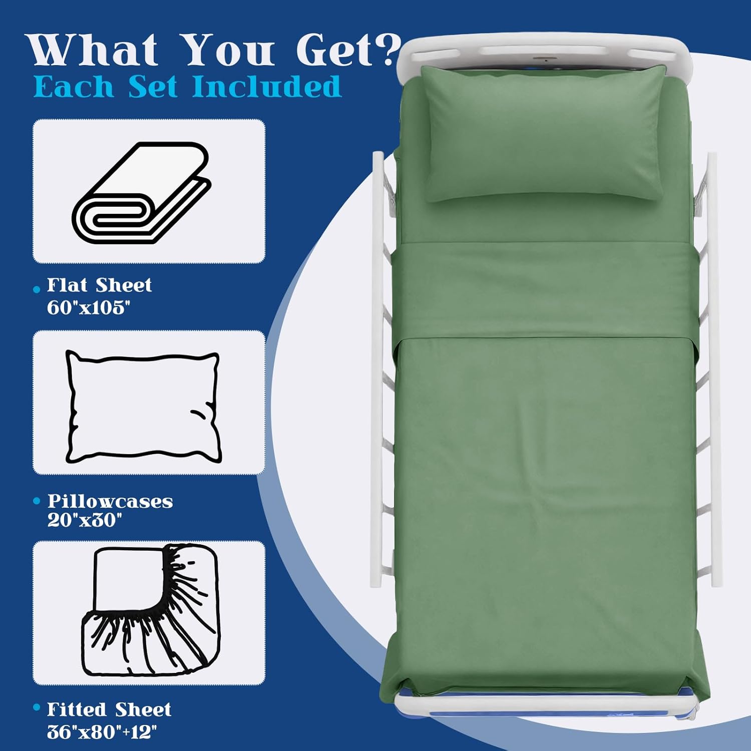 P Pothuiny 6 Piece Hospital Bed Sheet Set, Sage Green Brushed Microfiber Soft Bedding for Home/Nursing/Hospital Bed, Deep Pocket Fitted Sheet 36"x80"+12", Flat Sheet & Pillowcase