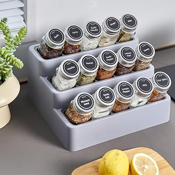 Athree-Tiered Spice rack With 36 Labels and 15 Glass Jars for Spice Jars. Suitable for Cabinets and Pantries - Non-Slip Shelves for Storing Spices Seasonings and Spices.