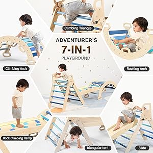 BlueWood Pikler Triangle Set 7in1 Foldable Baby Climbing Toys Wooden Montessori Climbing Set with Arch&Ramp&Ladder Baby Climber Indoor Jungle Gyms for Toddlers Montessori Toys - Sky Blue