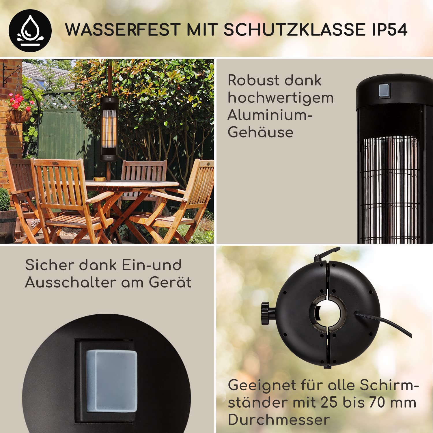Klarstein Heizstrahler, Elektrische Heizung für Terrasse, Outdoor Infrarotstrahler, Befestigung an Gartenschirm, IP54 Infrarot Heizstrahler, CO2-Freie, Energieeffiziente Elektro Heizung 2000 Watt