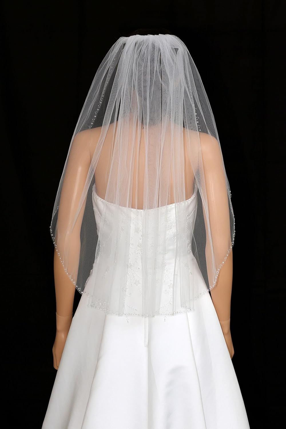 SAMKY 1 Tier Crystal Beaded Edge Bridal Wedding Veil with Comb Elbow Fingertip Length for Bride