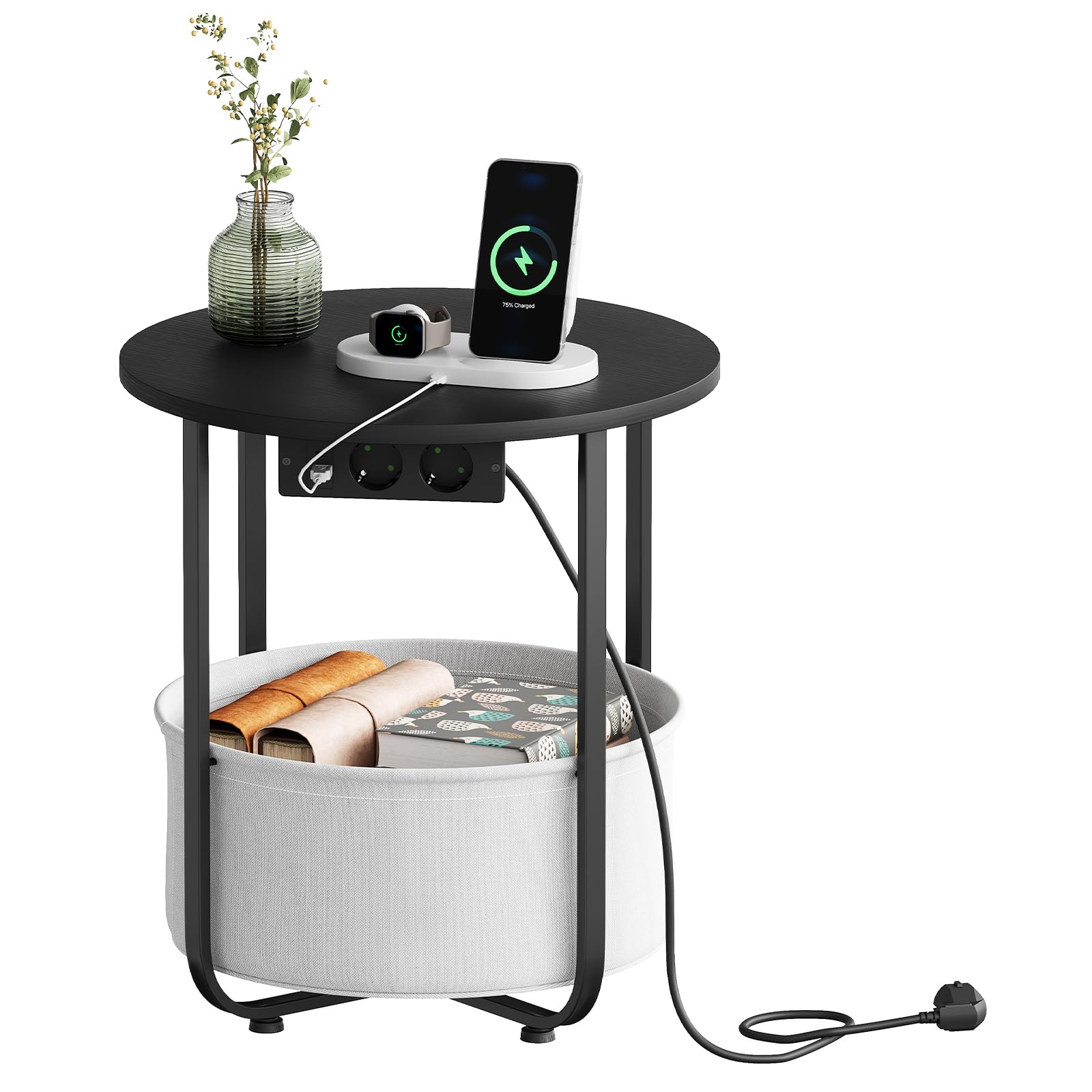 WOLTU Couchtisch rund, Kleiner Beistelltisch mit Steckdose, Abnehmbarer Korb aus Stoff, Metallrahmen, für Wohnzimmer Schlafzimmer, Ø45×H50 cm, Schwarz + Grau