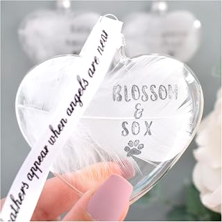 Real White Feather Memorial Bauble. Personalised Name/Date. Glass Heart Christmas Tree Hanging Decoration Memory Keepsake