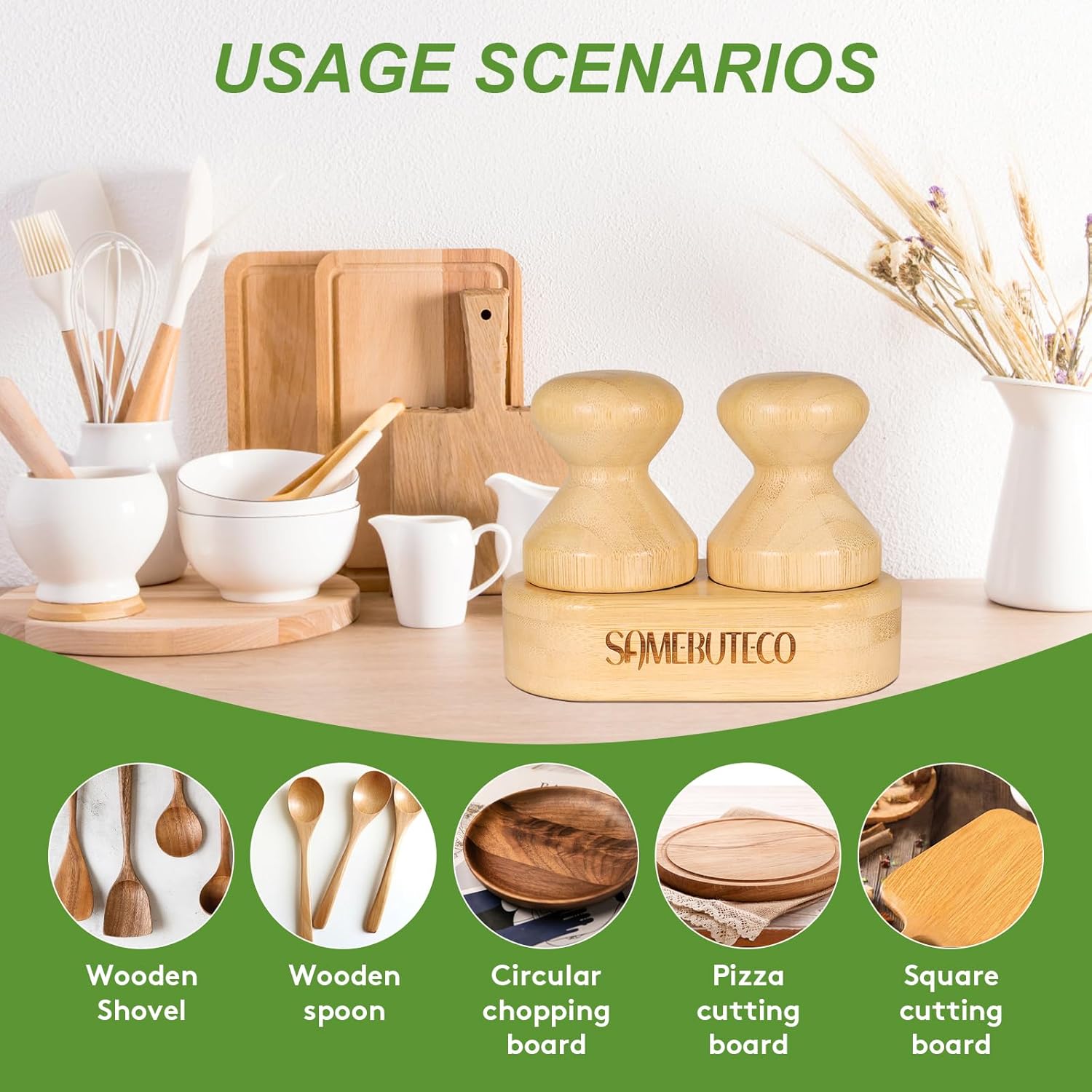 SAMEBUTECO Cutting Board Oil Wax Applicator for Food Grade Mineral Oil Board Natural Bamboo Applicator 2 Packs & 1 x Bamboo Holder Set for Wooden Cutting Boards，Spatula，Spoons and Kitchen Utensils