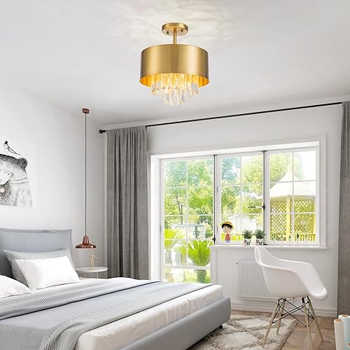 Miniatura 6 de Lámpara de techo de cristal K9 de lujo de 3 luces para sala de estar, vestíbulo, dormitorio, lámpara semiempotrada cerca del techo, pantalla de