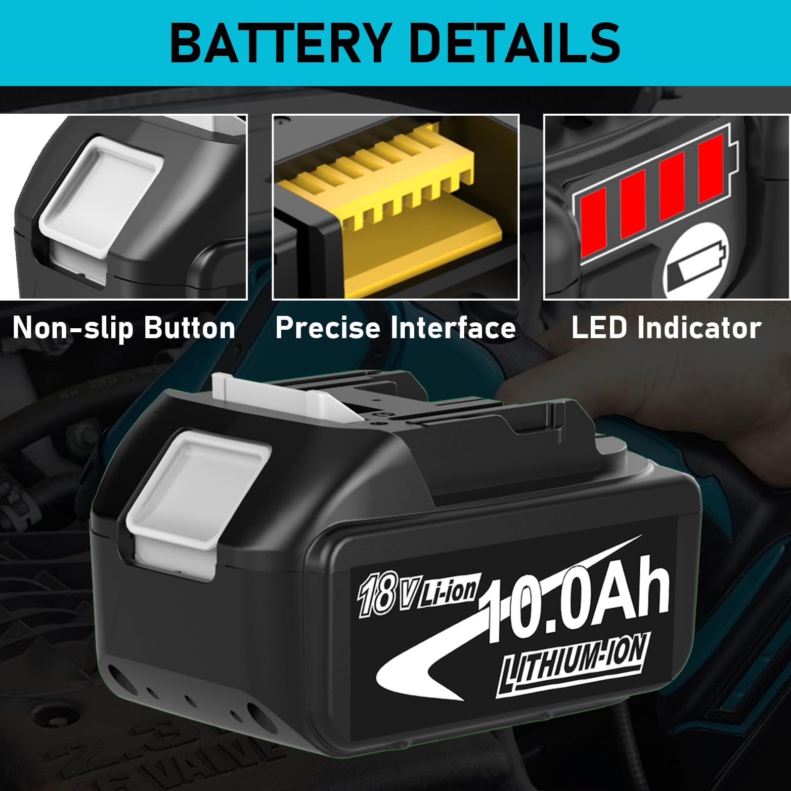 4Stück 10Ah Ersatzakkus für Makita Akku LXT BL1860B mit LED Anzeige | 10.0Ah Hohe Kapazität, LED-Ladeanzeige, Kompatibel BL1860B BL1850B BL1840B BL1830B BL1820, Für Alle LXT 18V Geräte