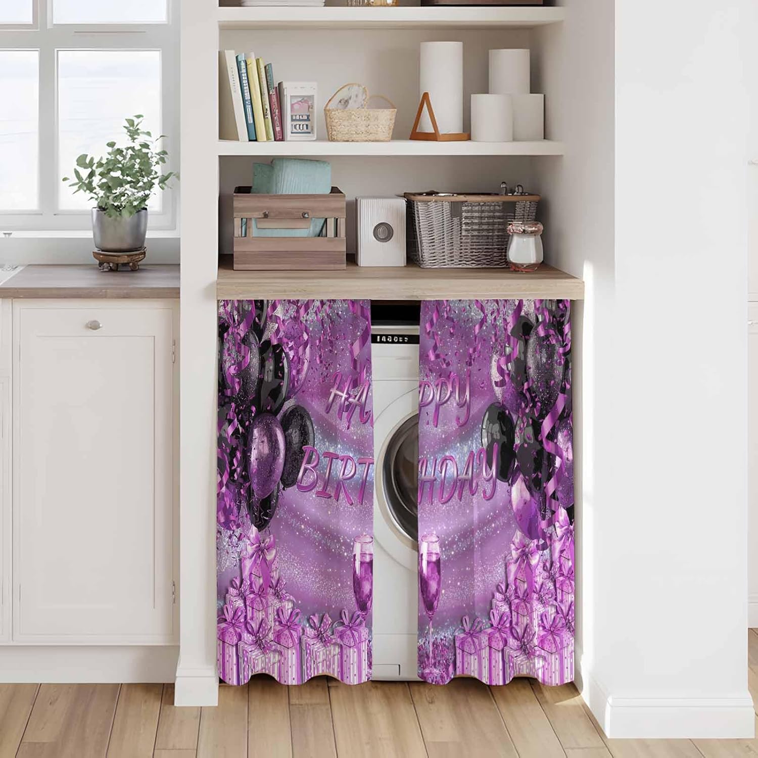 Happy Birthday Purple Kitchen Curtains, Gifts Balloons Goblet Shinning Glitter Ribbons Light Filtering Window Curtain, 2Pcs Rod Pocket Window Treatments Set for RV Dining Room Study Room 42x45 Inches