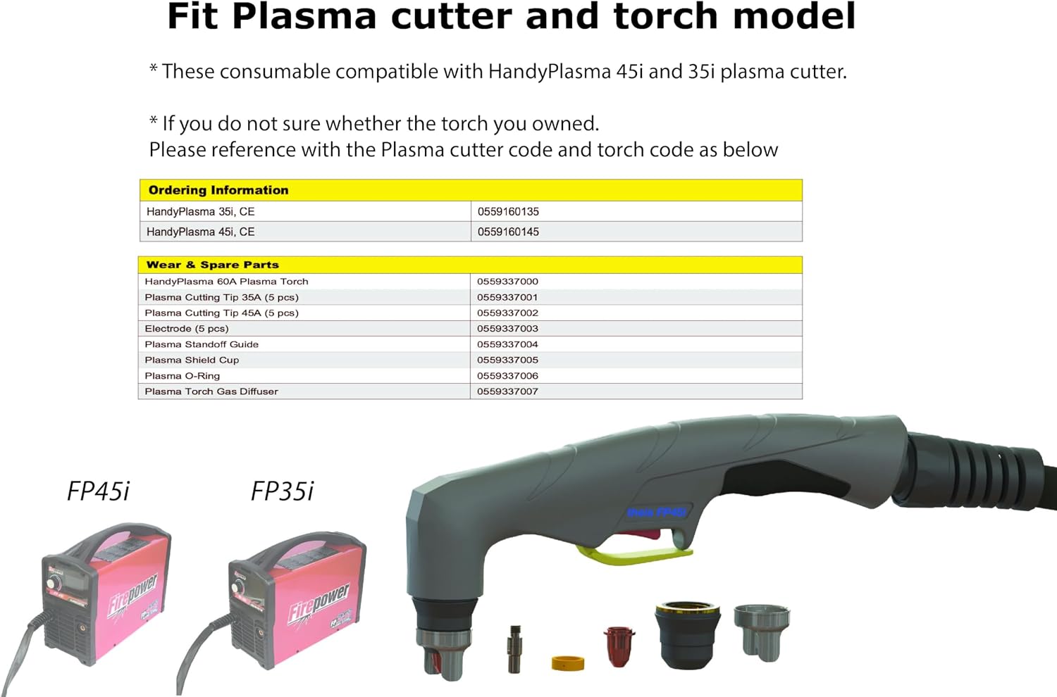 | Plasma cutting consumable 55Amp kit for ESAB Handyplasma Firepower 45i 1445-1903, tip 0559337001 electrode 0559337003 (45i Essential kit)