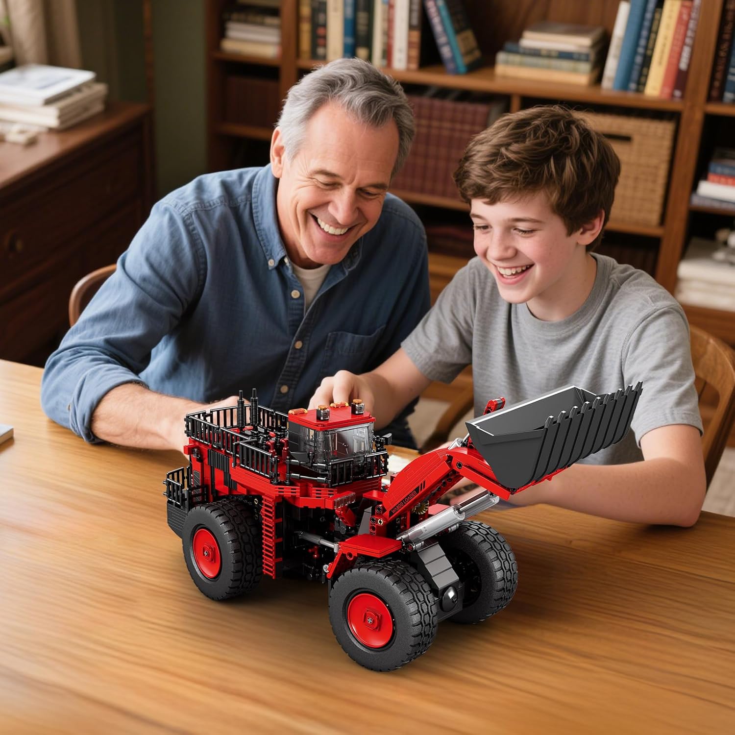 An adult and child assembling the Reobrix Bulldozer Building Blocks Set 22010.