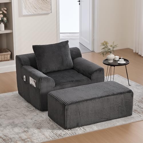 Cloud Sofa – Canapé de sol moderne en velours côtelé avec poches latérales, fauteuil de lecture en peluche, pas de montage nécessaire, fauteuil rembourré confortable (gris)