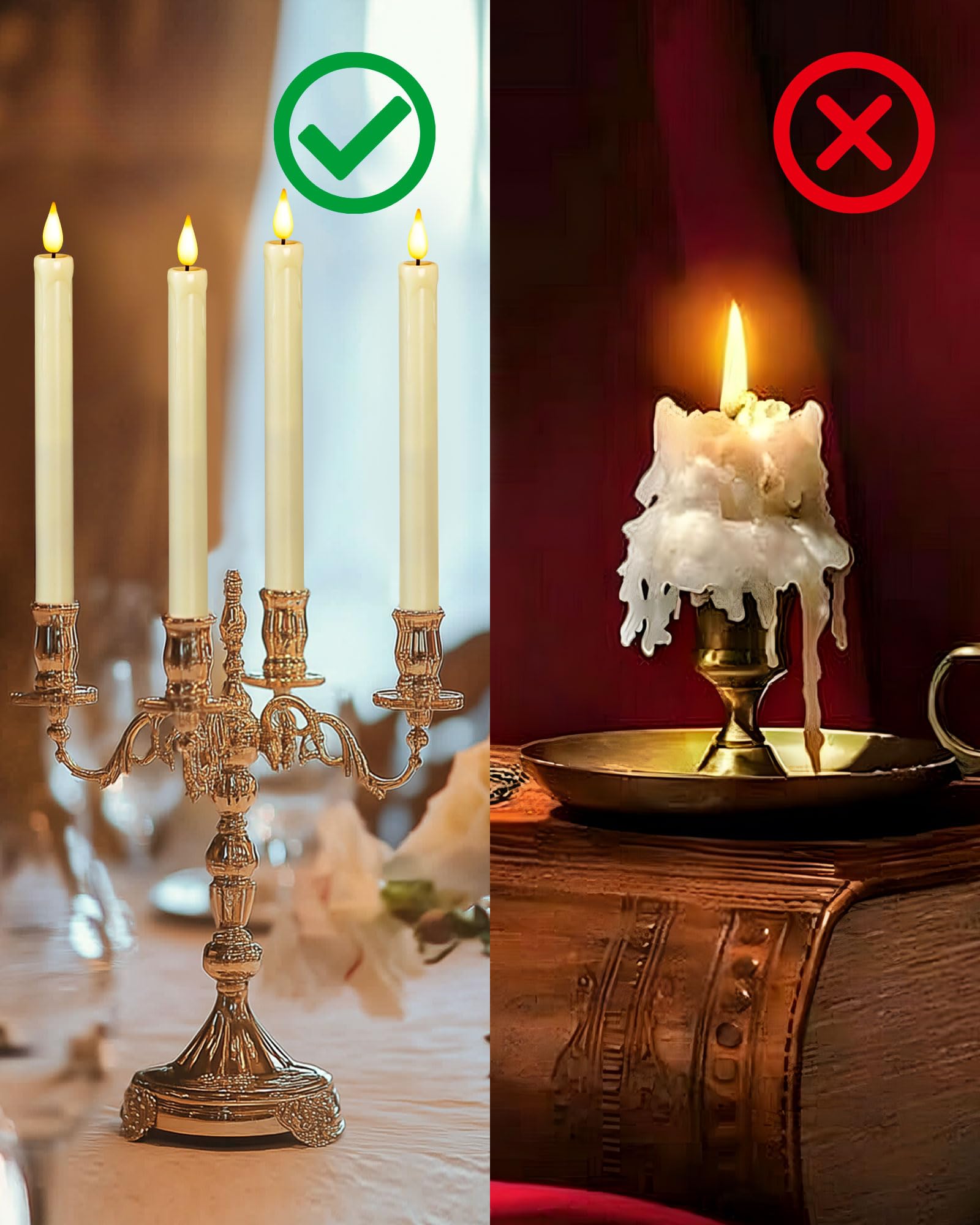 Paquete de 2, 3 y 6 velas cónicas sin llama, sin control remoto, realistas parpadeantes que funcionan con pilas, velas LED de plástico marfil seguras para bodas, decoración de mesa, Navidad y 7