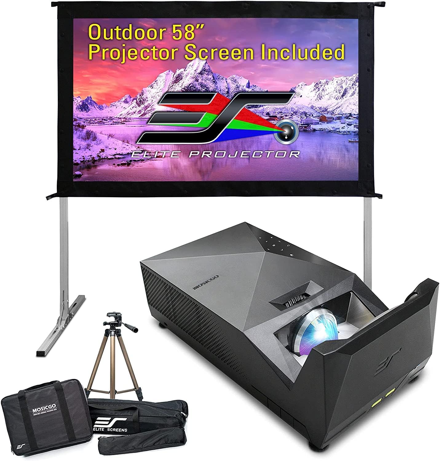EliteProjector Ultra Short Throw Portable Outdoor Projector with Free 58" Foldable Screen for Home Theater, Waterproof, 1080p, 1500 Lumens, Bluetooth and Built-in Battery, Compatible with iOS TV Stick