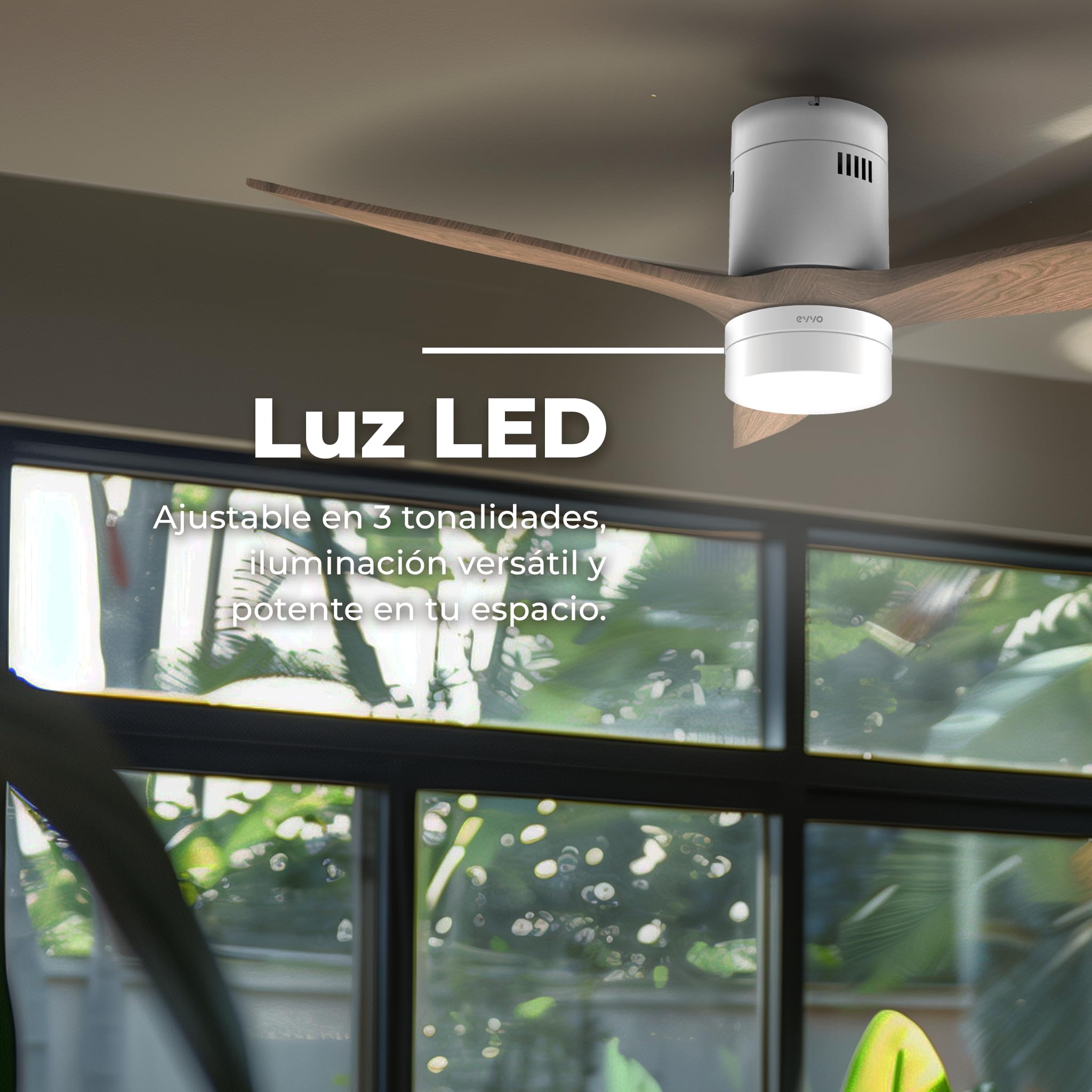 EVVO Ventilador de Techo con Luz LED y WIFI, Silencioso, Ø132cm, 3 Aspas, Motor DC 40W, 6 Velocidades, Temporizador hasta 4h, Función Invierno-Verano, Protección IP44 (Modelo: V551 Acabado Madera)
