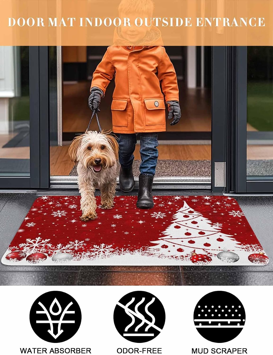 Christmas Door Mat Red Xmas Tree Doormat Christmas Balls Snowflakes Welcome Mat Non Slip Rubber Entryway Front Rug Floor Mat for Indoor Outdoor Kitchen Xmas Holiday Home Decor 18x30 Inch