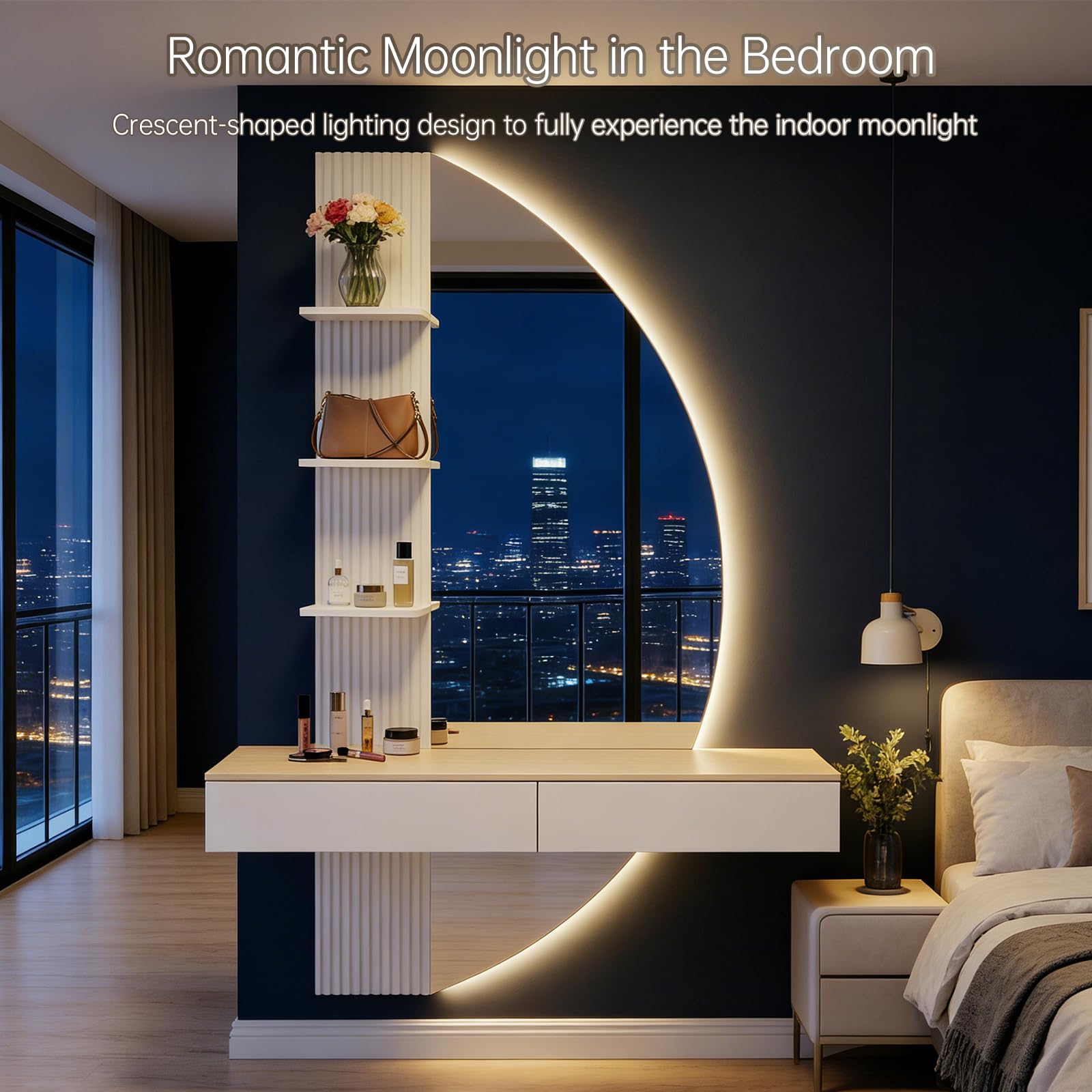 TRIUMPHKEY Tocador de Pared con Espejo en Forma de Media Luna, Mesa de Maquillaje Flotante con Luces LED Regulables, 2 Cajones y 3 Estantes, Ahorra Espacio para Dormitorio (Blanco)