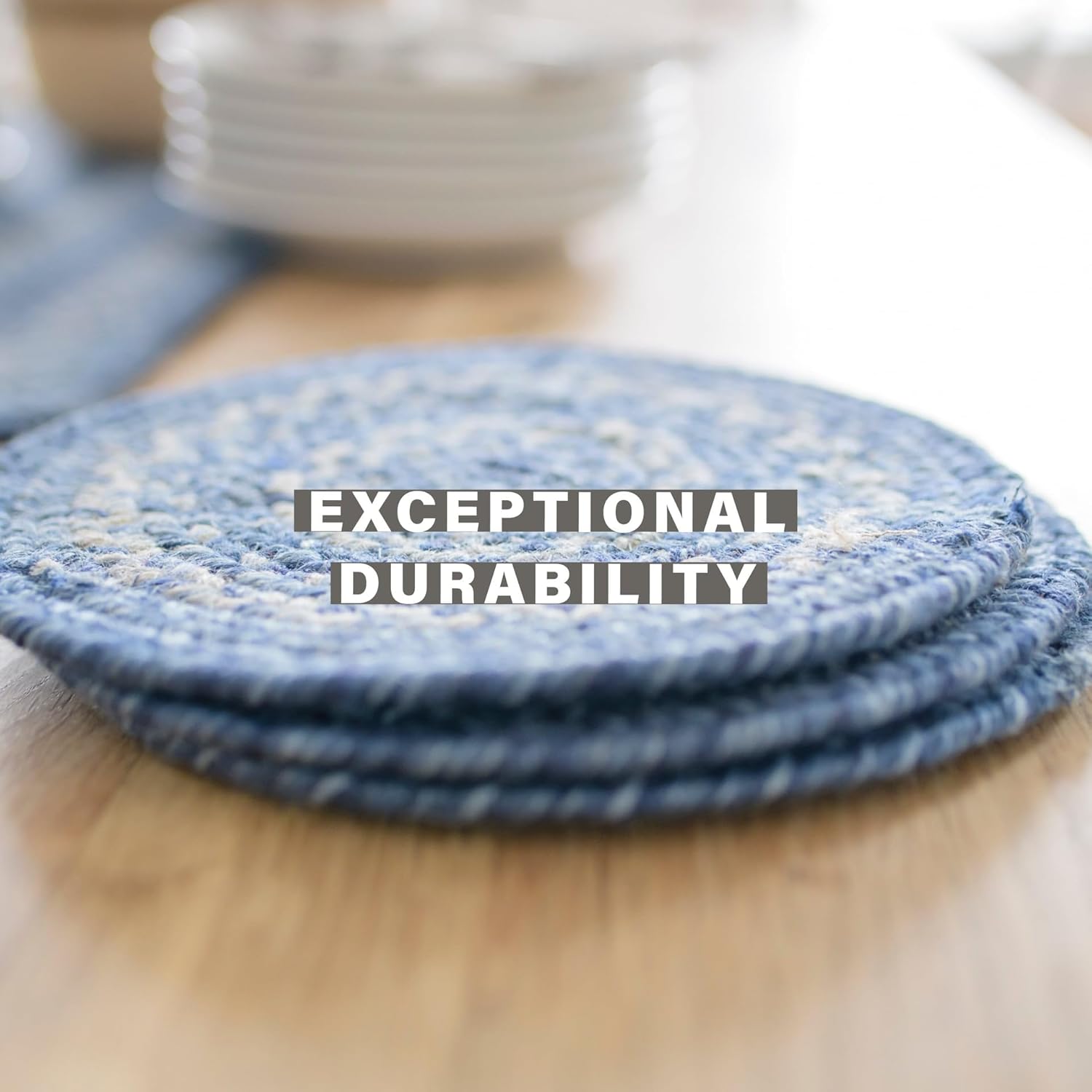 Homespice Denim Jute Braided Kitchen Trivets for Hot Dishes, Country Coastal Decor, Set of 6, Blue 8" Round Heat Resistant Mats - Rich Colors, Easy to Clean, Durable and Protects Furniture