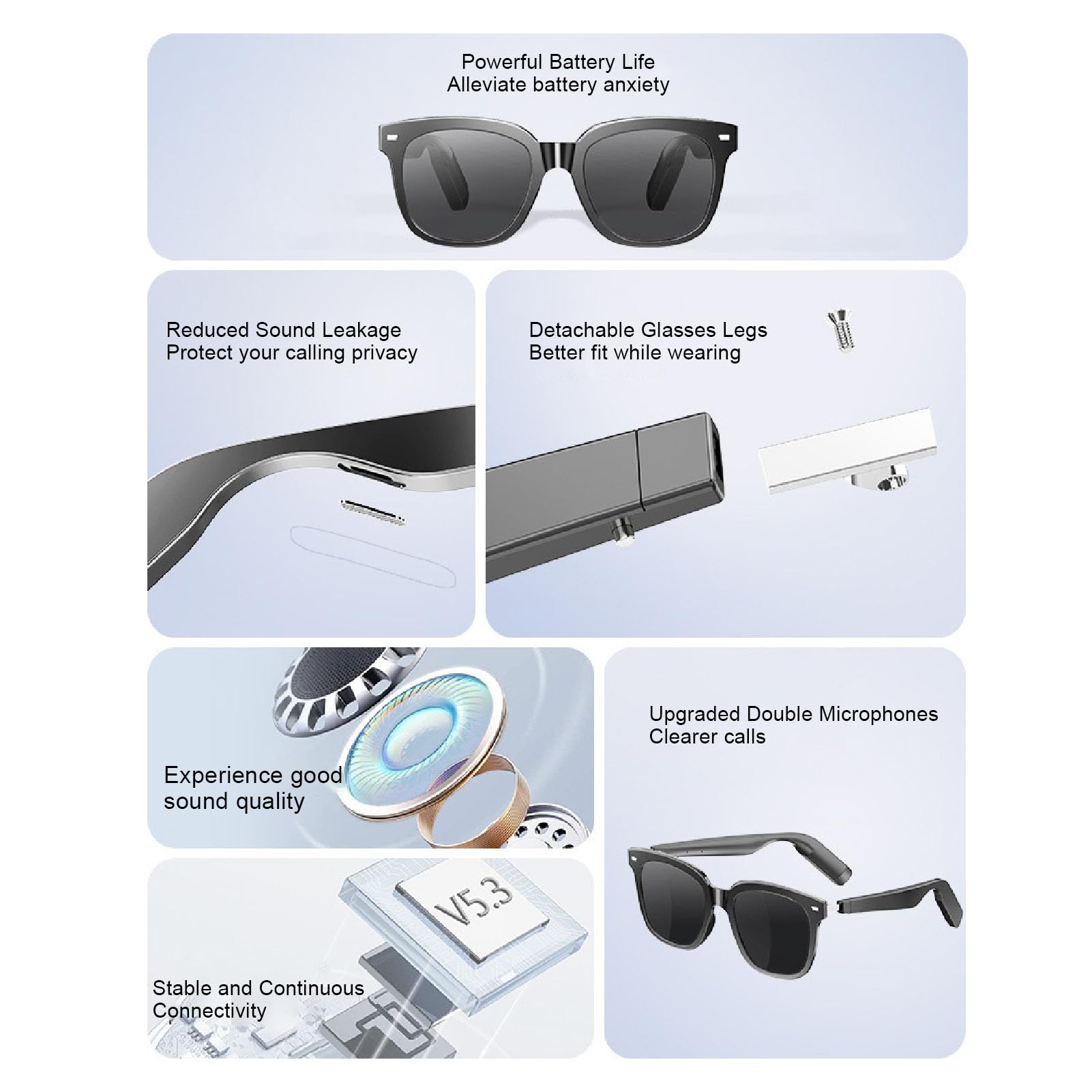 Lunettes Intelligentes Lunets Audio Bluetooth pour Hommes Femmes, Micro Intégrés, Musique Ouverte de L'oreille et Appel HD, Lunettes de Soleil