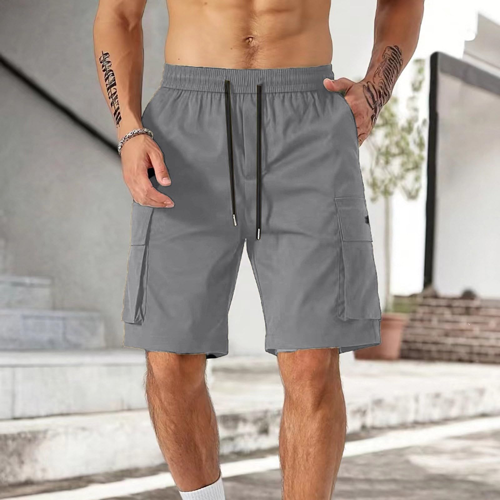 Cargo Sweat Shorts Men Relaxed fit Elastic Waist Athletic Shorts Casual Summer Lightweight Bermuda Short with Pockets Mens Summer Outfits Big and Tall Knee Length Lounge Short Stretch Cargo Pants