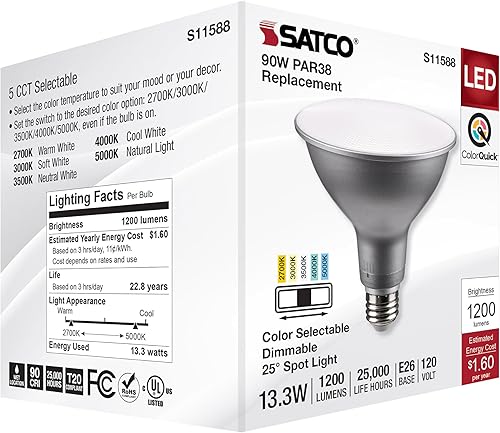 Miniatura 8 de Satco S11588 PAR38 Bombilla LED de 13.3 vatios, CCT ajustable, 120V, ángulo de haz de 25, acabado plateado, ideal para oficina, tienda, uso