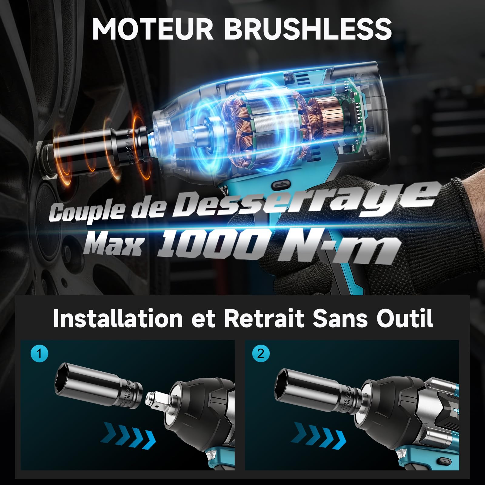 YEARTOP 21V Clé à Choc Sans Fil Desserrage 1000 Nm pour Changement de Pneus