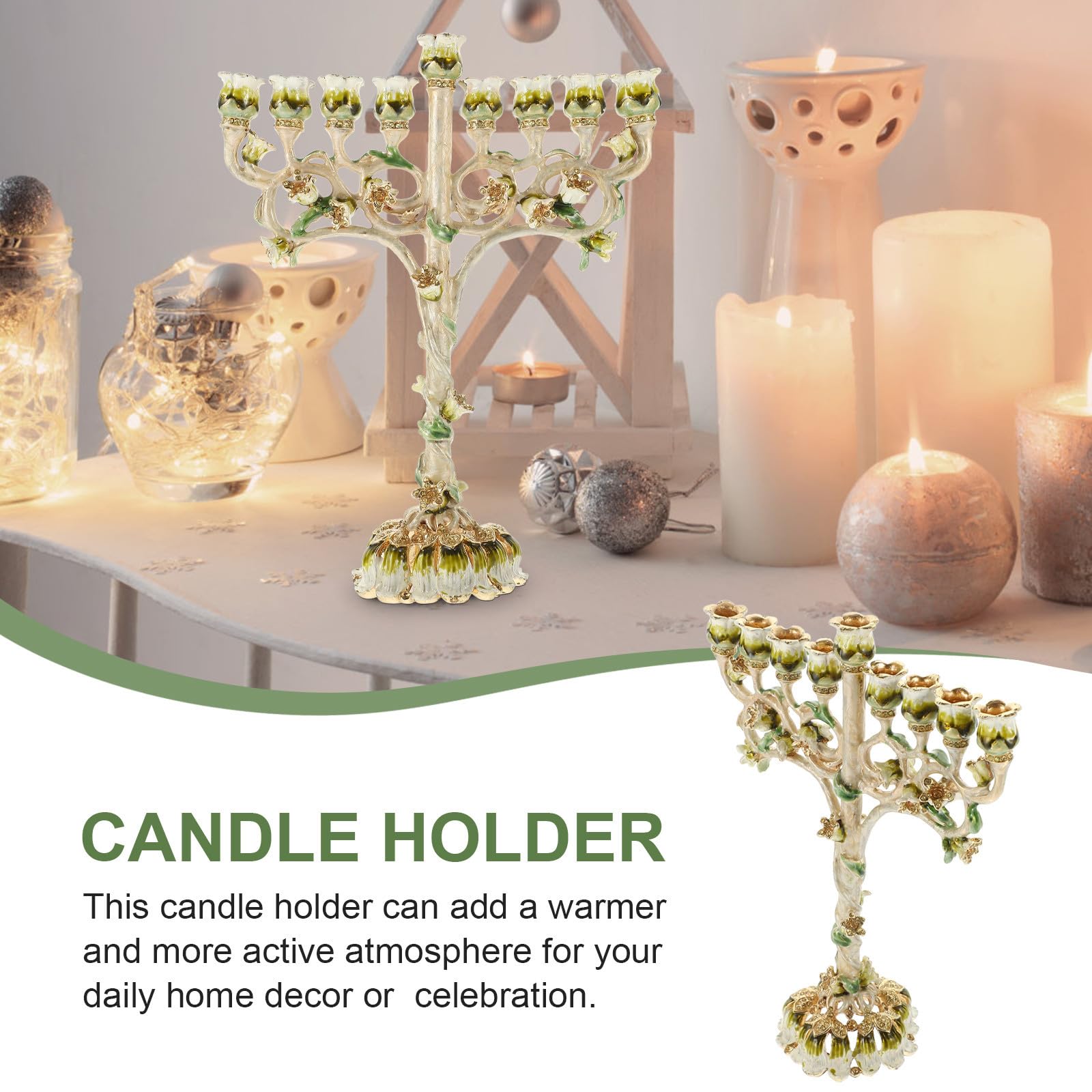SHINEOFI Candelabro Menorá de 9 Brazos para Ceremonia Religiosa Diseño Vintage de Esmalte, Soporte Metálico Resistente Adecuado para Ambientación de Hanukkah Hogar