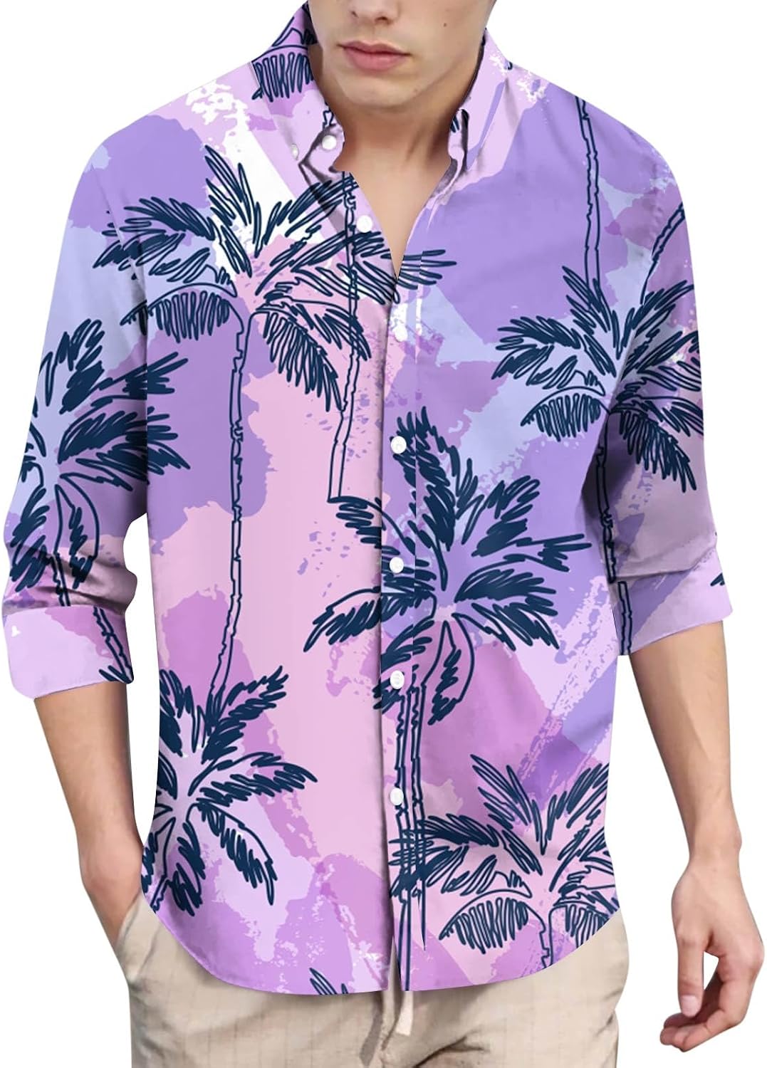 Men's Hawaiian Shirt, Long Sleeve Beach Casual Shirts Button Down Vacation Tops, M-3XL