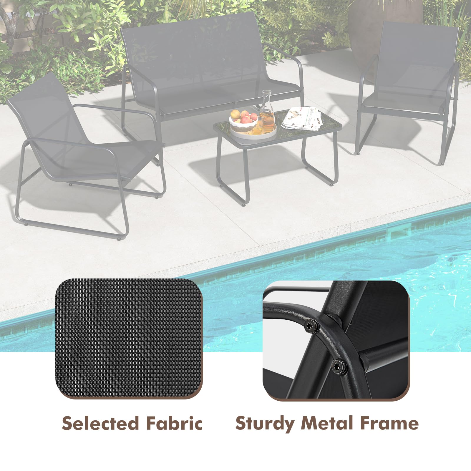 KOMFOTTEU Set da Bistrò in Tessuto Textilene, Set da Giardino in 4 Pezzi, Tavolo Portato 50 kg, 2 Sedie da Giardino Portate 150 kg, e Divanetto Portato 300 kg, Set Tavolo e Sedie da Esterno, Nero
