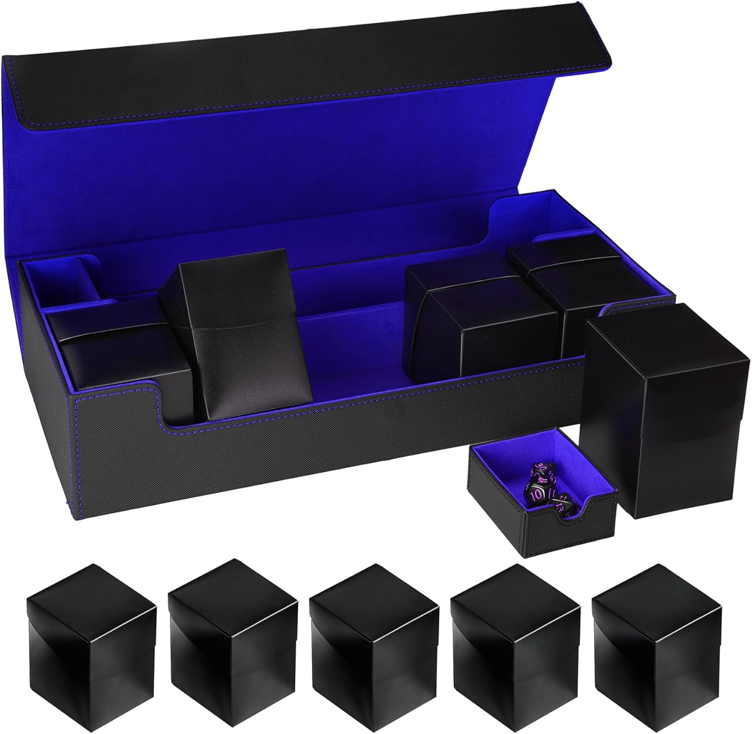MTG Card Storage Box - Includes 5 Small Deck Boxes, Holds 1800+ Sleeved Cards, Comes with Playmat Case and Strong Magnetic Closure ((800+ Includes 5 - Black & Blue)