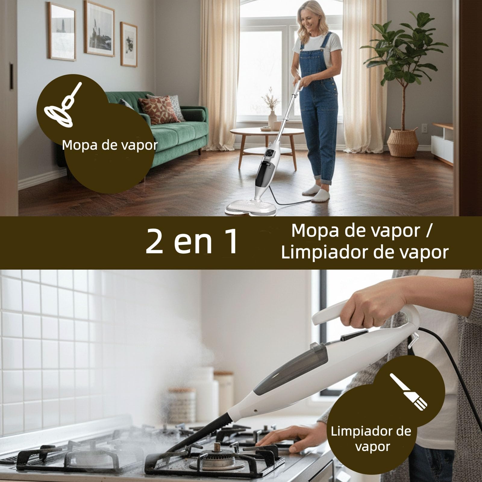 PUREBEAR Fregona a Vapor 2 en 1, Limpiador de Vapor con Limpiador Portátil, 3 Niveles de Vapor, 4 Paños de Repuesto, Multiusos para Suelos Duros, Baldosas, Ventanas y Ropa