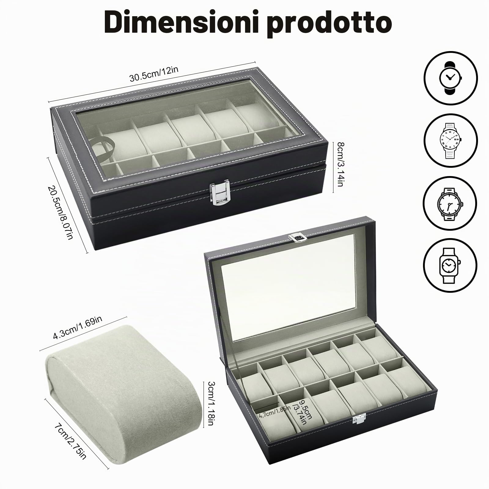 Porta Orologi 12 Posti Scatola per Orologi in PU con coperchio in vetro acrilico Cuscinetti Rimovibili Idea Regalo per Uomo e Donna Compleanno Festa del Ringraziamento