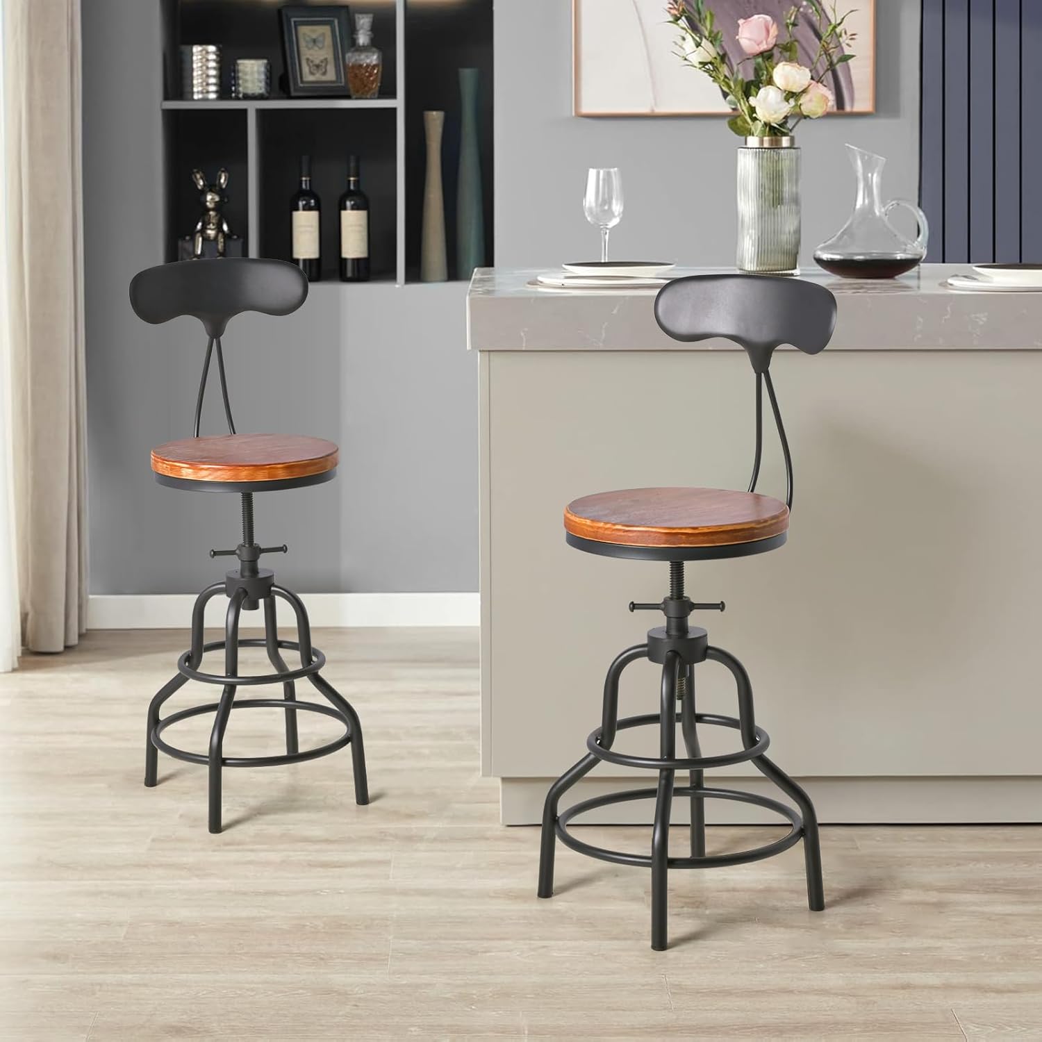 LOKKHAN Adjustable Swivel Kitchen Counter Stools with Back-20.47"-25.59" Tall Rustic Farmhouse Industrial Bar Stools Set of 2 Breakfast Dining Cafe Stool,Welded Metal Base Wooden Seat, Black&Brown