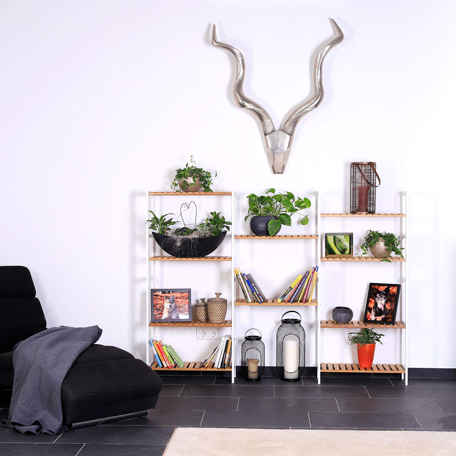 tavora Badezimmerregal mit 5 Ablagefächern, 60 x 26 x 130 cm, Natur/Weiß | Offenes Standregal aus Bambus für Bad, Küche oder Flur, kombinierbar zur Regalwand, platzsparend, mit gummierten Standfüßen