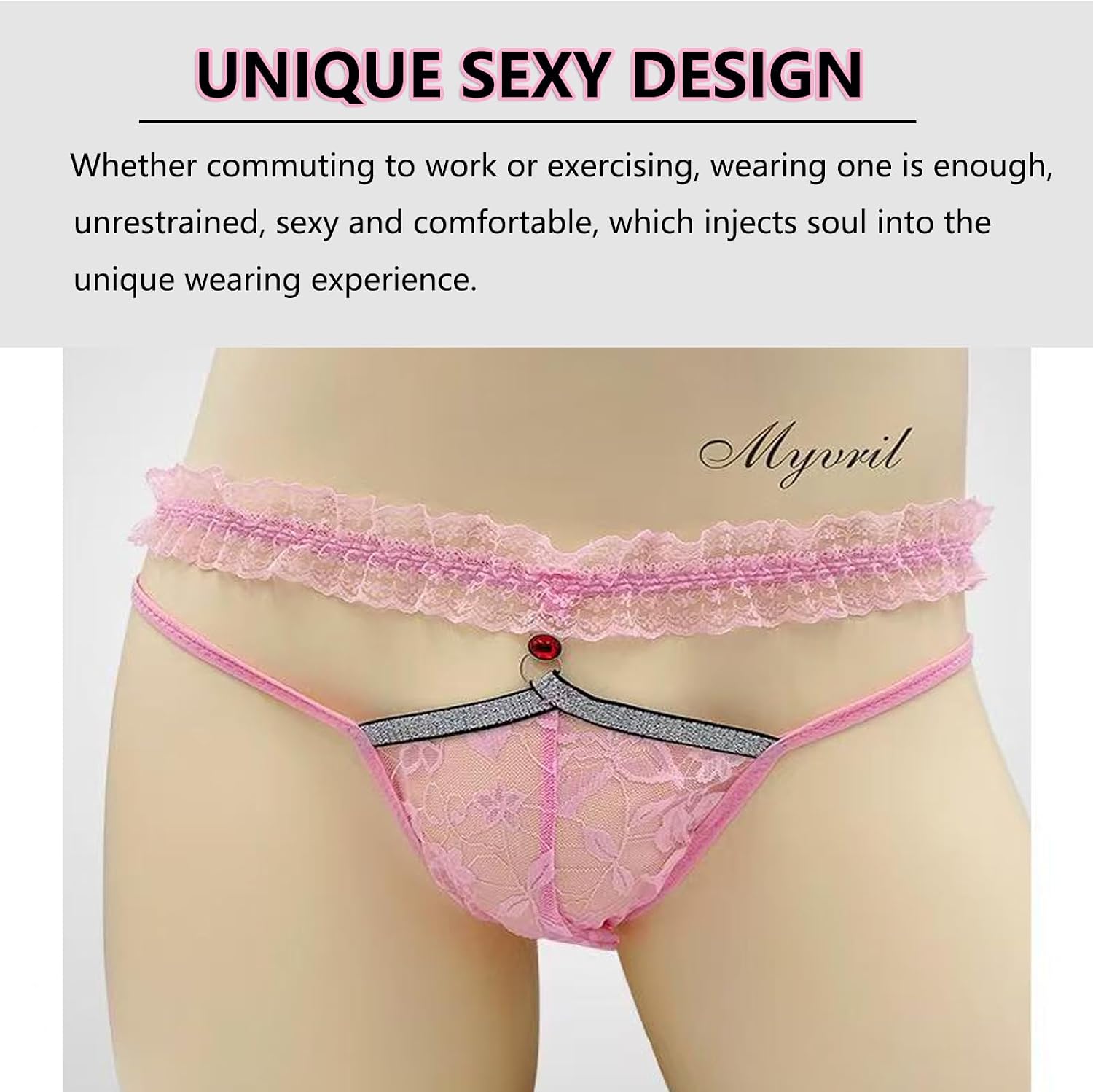 Men's Lace Frilly Sissy Panties Pouch Thong, Feminine G string Underwear For Men Sexy Gay Lingerie Crossdresser Pink
