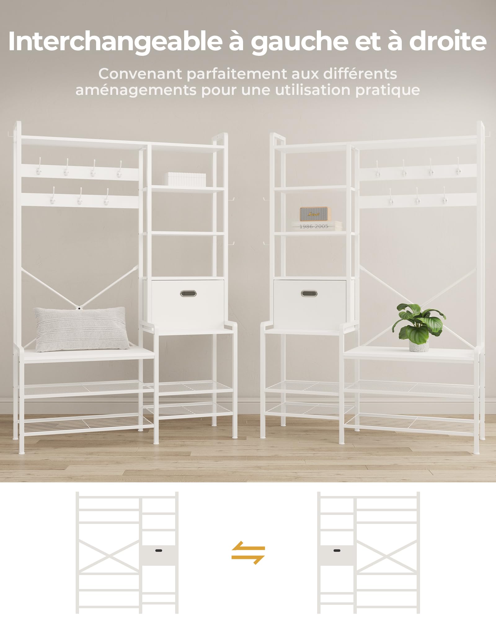 Porte-Manteau, Meuble d’Entrée, avec Banc et Étagères à Chaussures, Vestiaire d'entrée avec Tiroir en Tissu, 7 Crochets à Double Broche, Étagère Réglable, Meuble Chaussures, 40 x 120 x 192 cm, Blanc