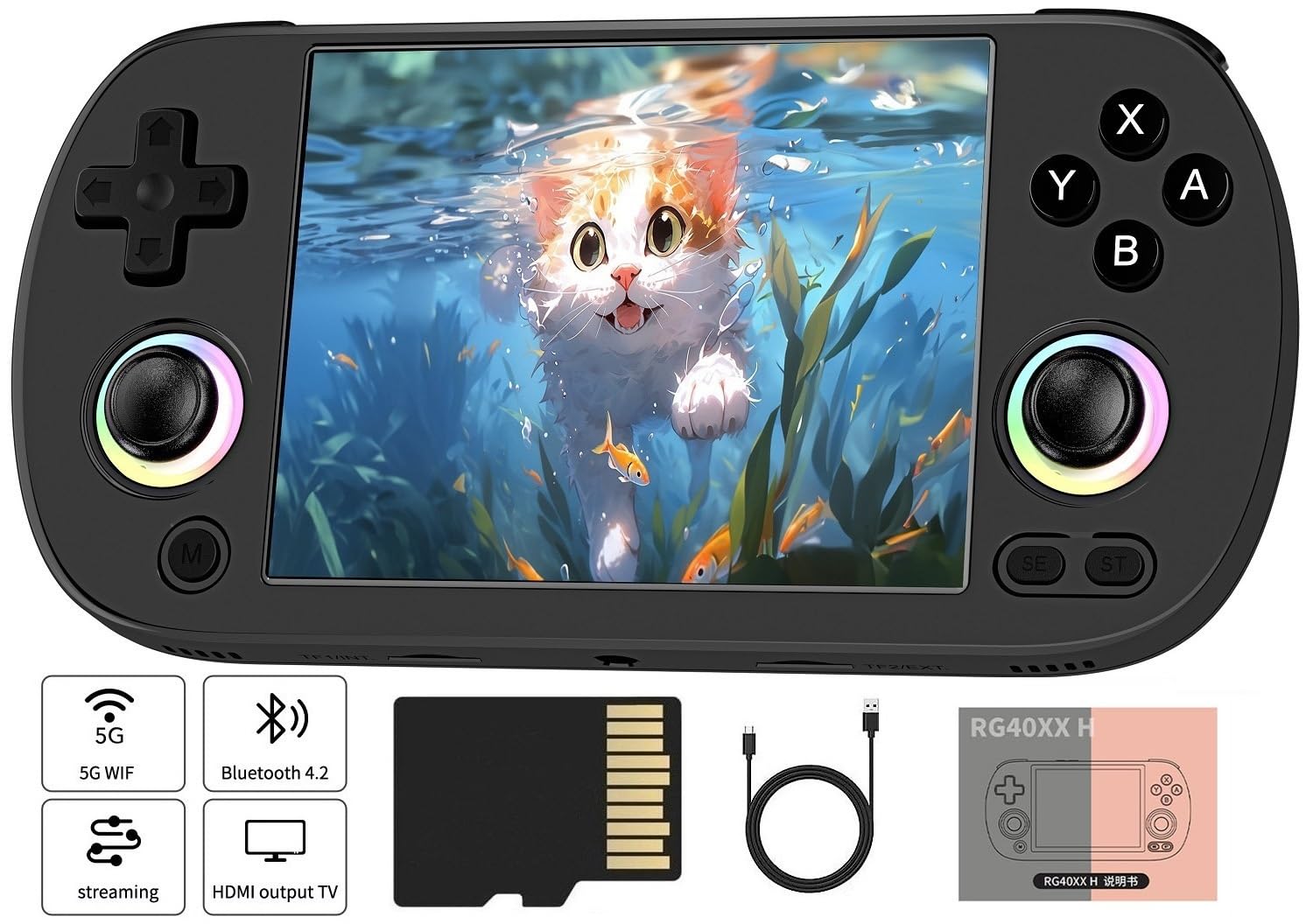 RG40XX H Retro Handheld Game Console , 4.0 Inch IPS Screen Linux System Built-in 64G TF Card 5488 Games Support TV Output 5G WIFI Bluetooth 4.2 (RG40XXH-Black)