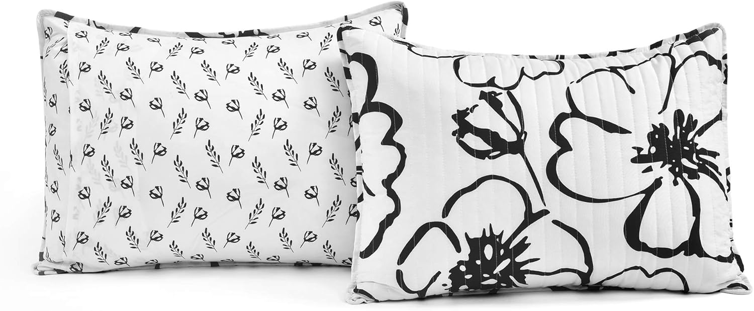 Lush Decor Scandinavian Floral Quilt King Size Reversible 3 Piece Set Black & White - Floral Bedding Set King Quilt - White Bedding Cottage Core - Image 7