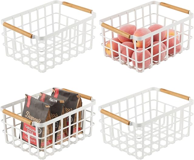 mDesign Wire Storage Basket  Wire Basket for Storing Items  Metal Basket for Kitchen, Bedroom, Bathroom and More  Set of 4  Matte White/Bamboo