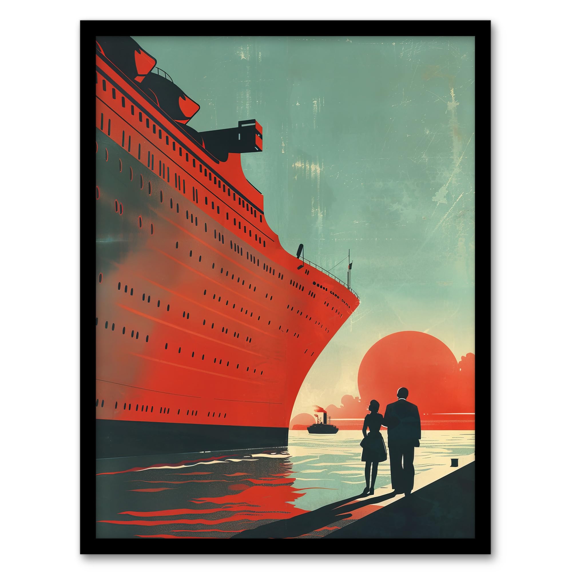 Artery8 Cruise Ship Sunset Harbour Red Blue Travel Advert Living Room Artwork Framed Wall Art Print 18X24 Inch