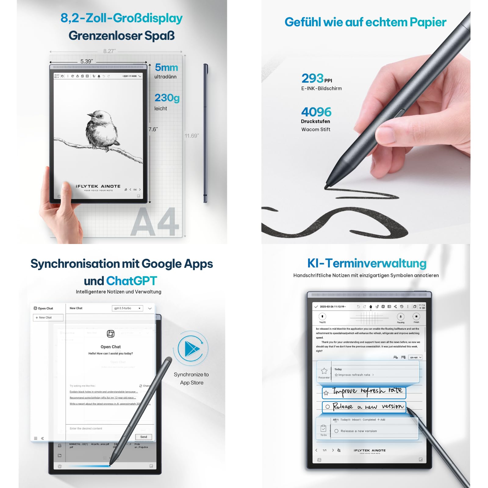 iFLYTEK AINOTE Air 2 de 8,2" Tableta de Tinta electrónica Toma de Notas y Papel Digital con lápiz óptico, grabación con IA, transcripción multilingüe, Lectura y gestión de tareas – Gris