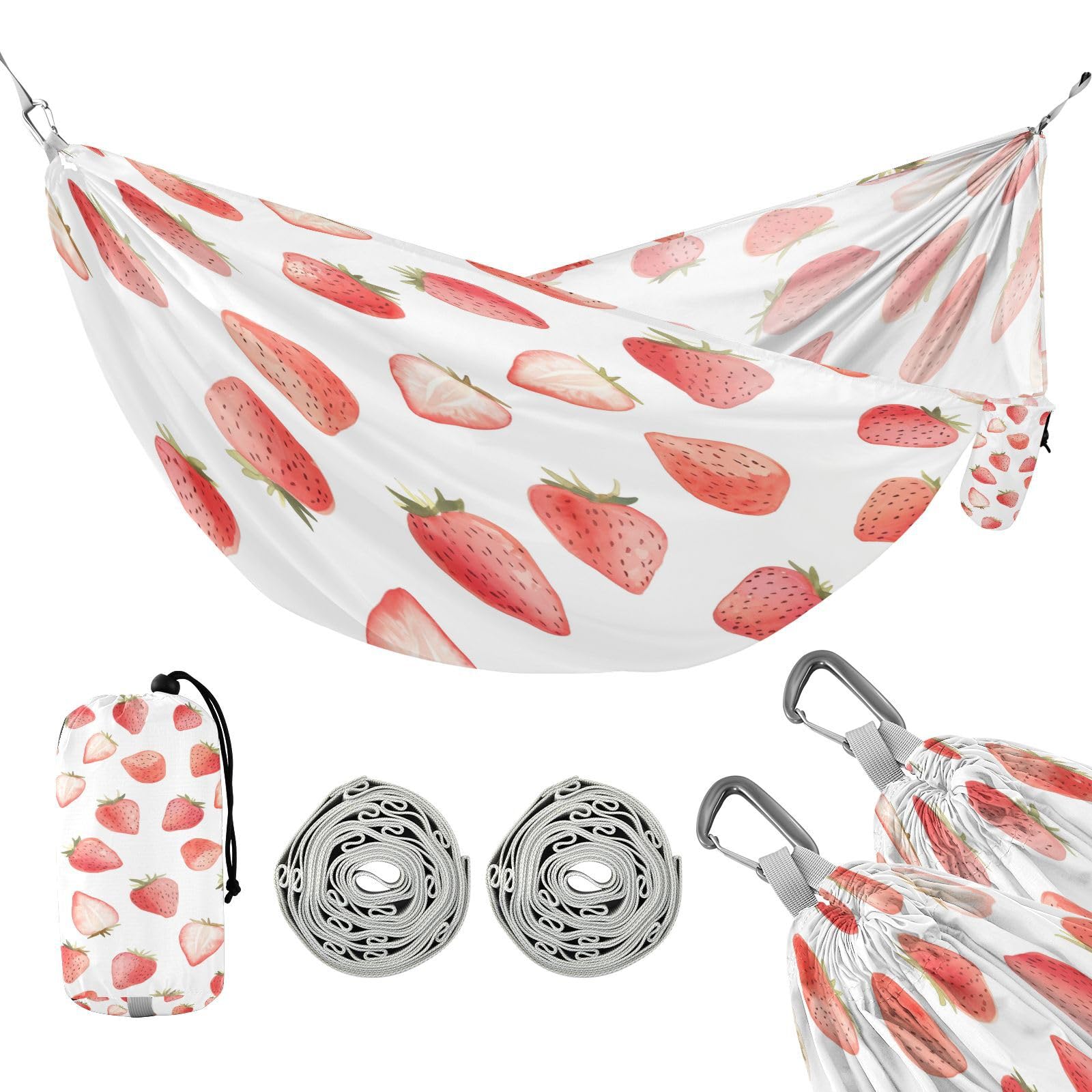 ATTX Cute Watercolor Strawberry Camping Hammock - Lightweight & Portable Hammocks, Heavy Duty 330lbs Capacity for Indoor, Hiking, Backpacking, Travel, Backyard, Beach#145