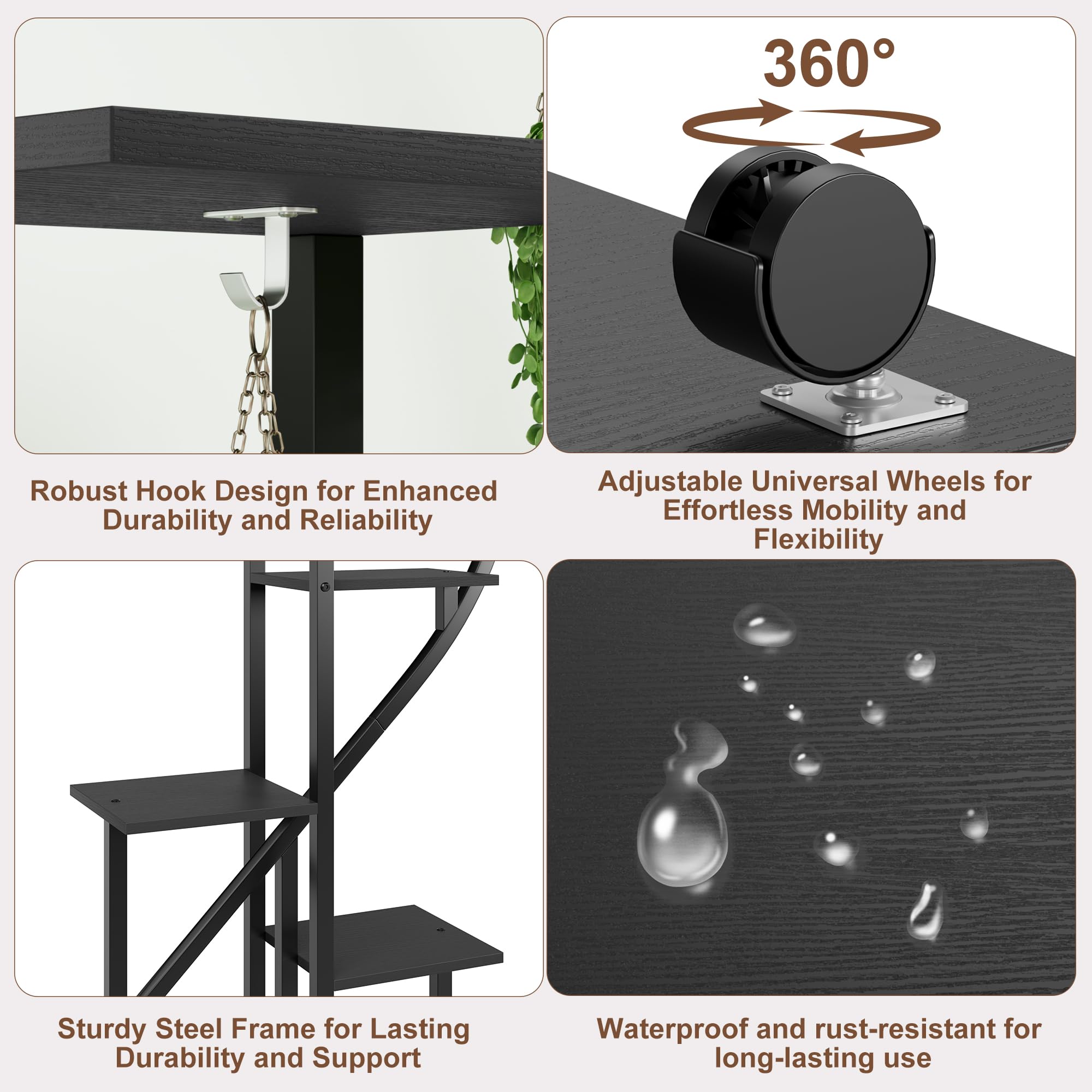 Lot de 2 172Cm Grand Support pour Plantes 6 Niveaux,Grande Étagère à Plantes en cœur,intérieur/extérieur,Etagère de Présentation sur Roulettes Amovibles & Crochets pour jardin,balcon,parlor(Noir)