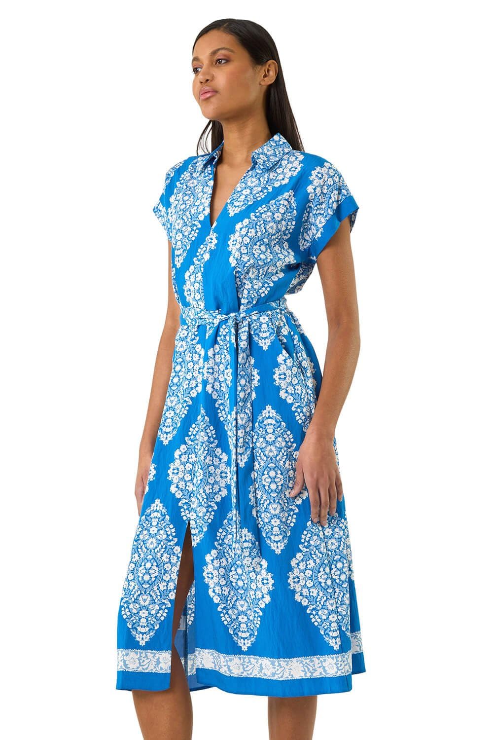Roman Originals Women's Royal Blue Geo Roman Shirt Dress For Uk Short Sleeve Sleeveless Belted Collared Midi Maxi Summer Spring Smart Casual Button Evening Office A Line Swing Skater - Size 20