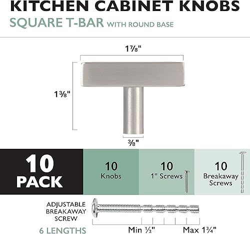 Miniatura 5 de Ilyapa Paquete de 10 pomos de níquel satinado para gabinetes de cocina, pomo cuadrado en T para cajón